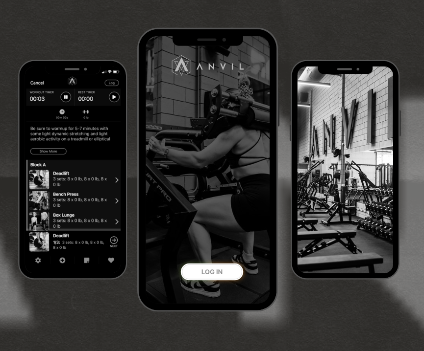 The Anvil app shown on three phones, with a workout timer, exercise list and gym floor